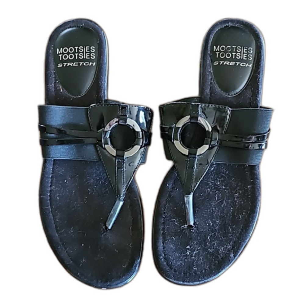 Mootsies Tootsies Womens 7.5 Black Slip On Sandals Low Wedge Comfort Shoes